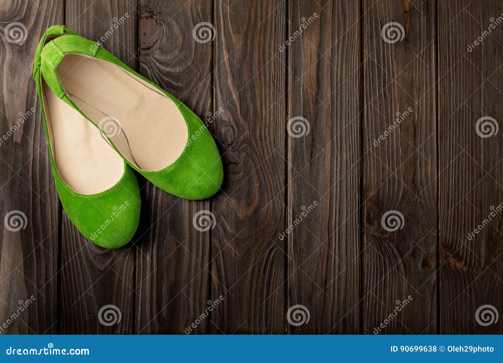 Green Women`s Shoes Ballerinas on Wooden Background. Stock Photo ...