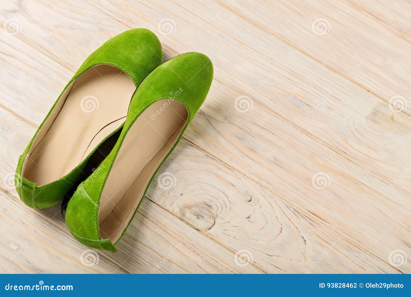 Green Women`s Shoes Ballerinas on Wooden Background. Stock Photo ...