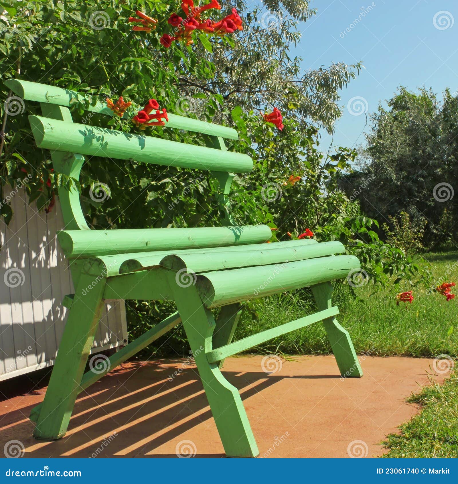Green wooden bench stock photo. Image of plant, grass 23061740