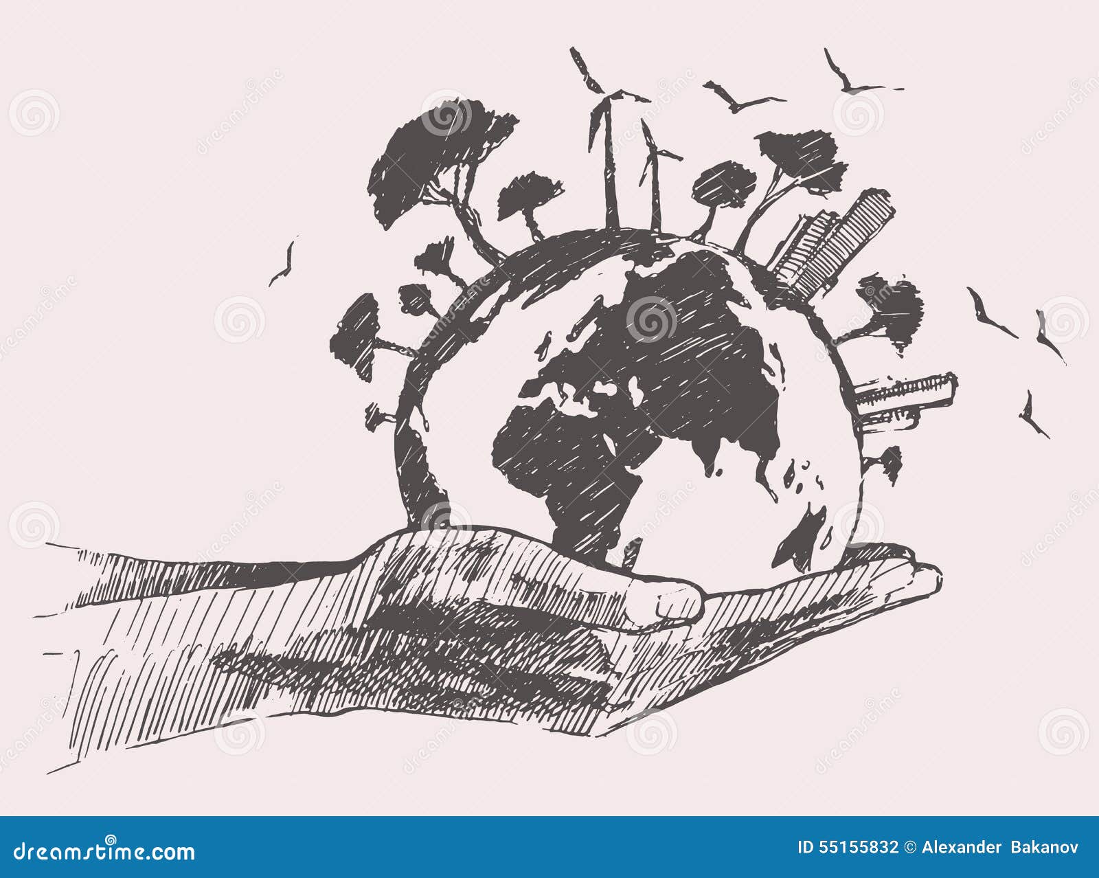 Green World Concept. Tree on the Earth in Hands Stock Vector