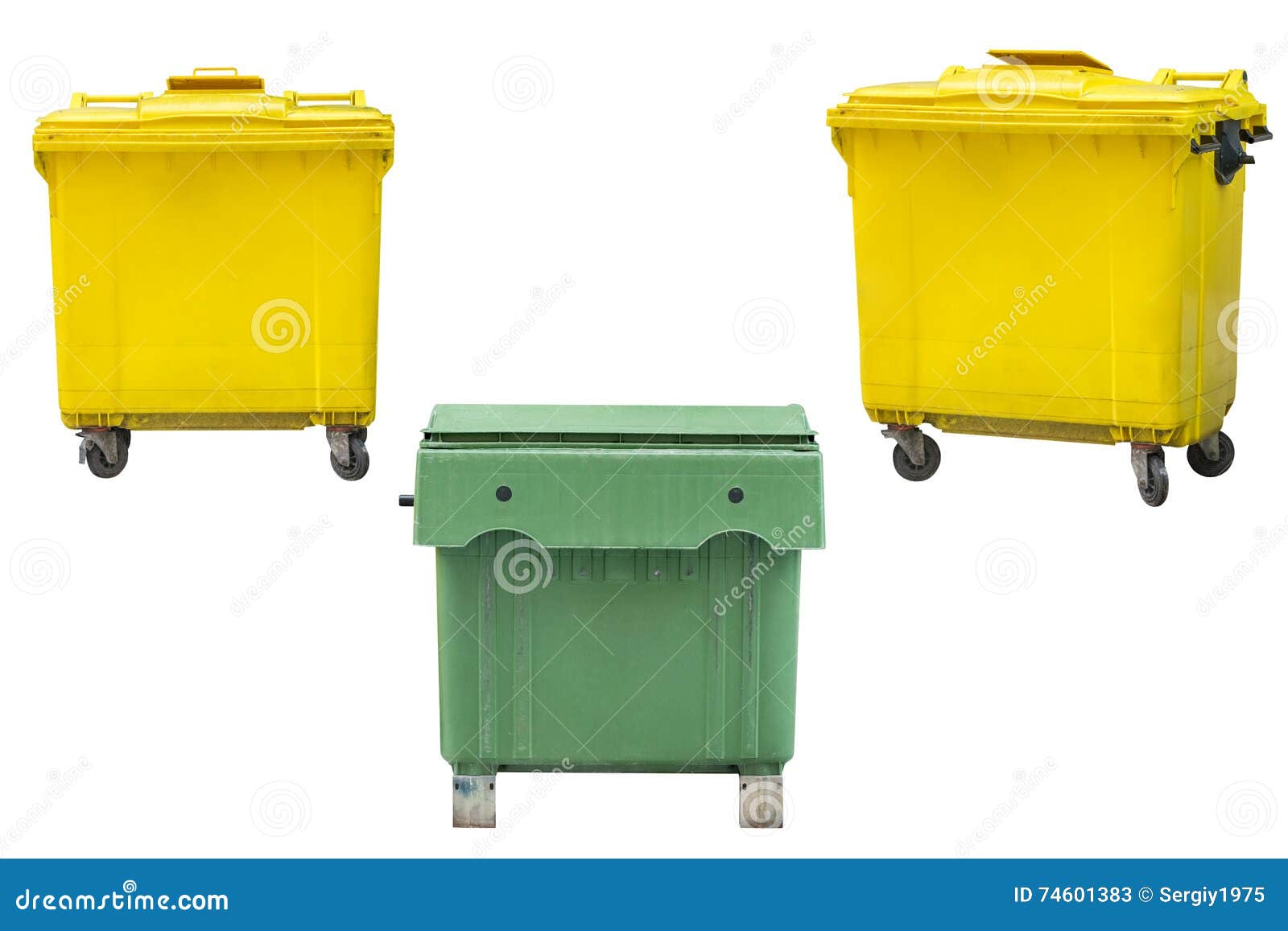 Green and Yellow Dumpsters Isolated on White Background Stock Image
