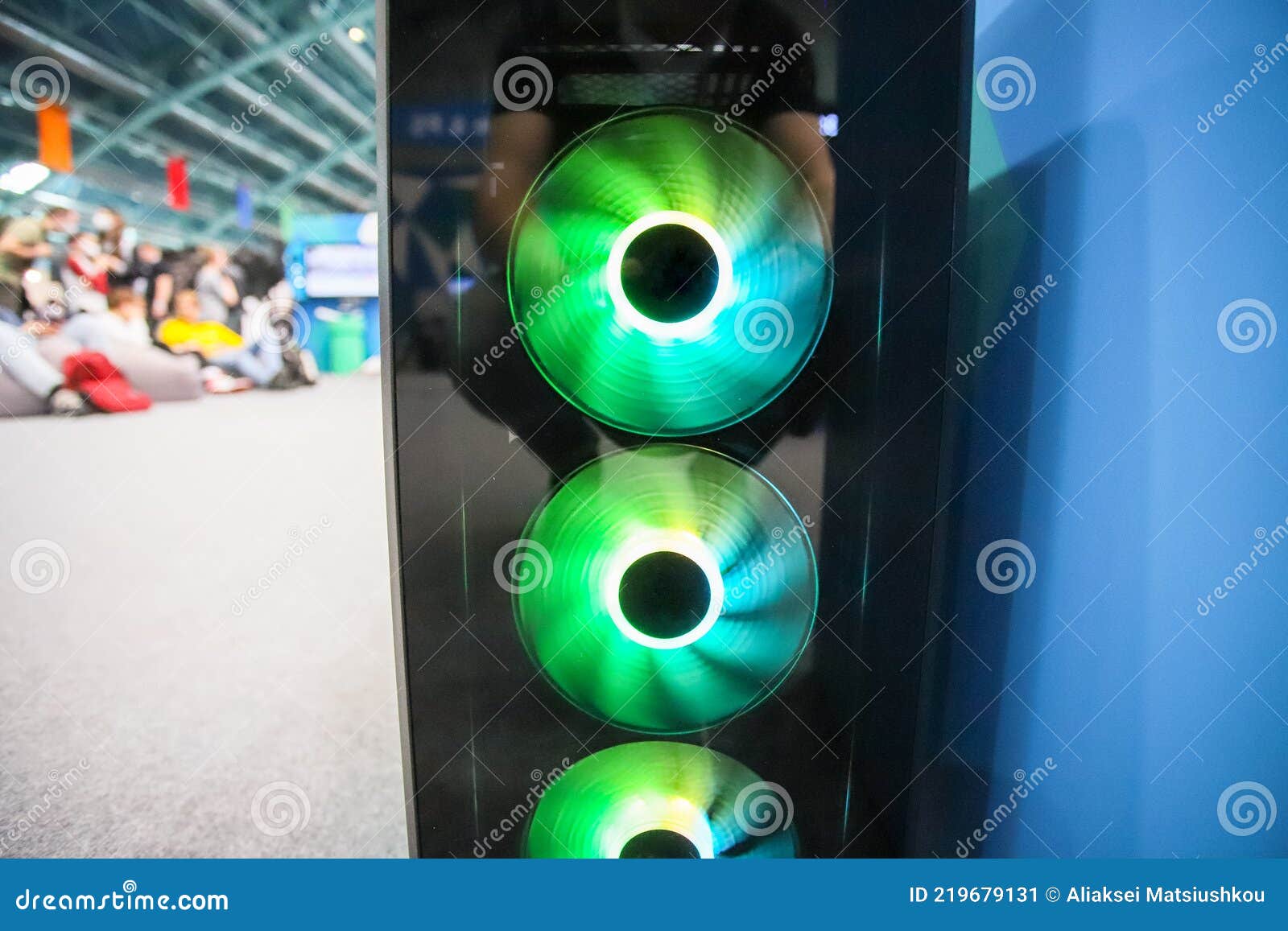 Green, Green and Yellow Illumination of the Cooler. Computer Fan with