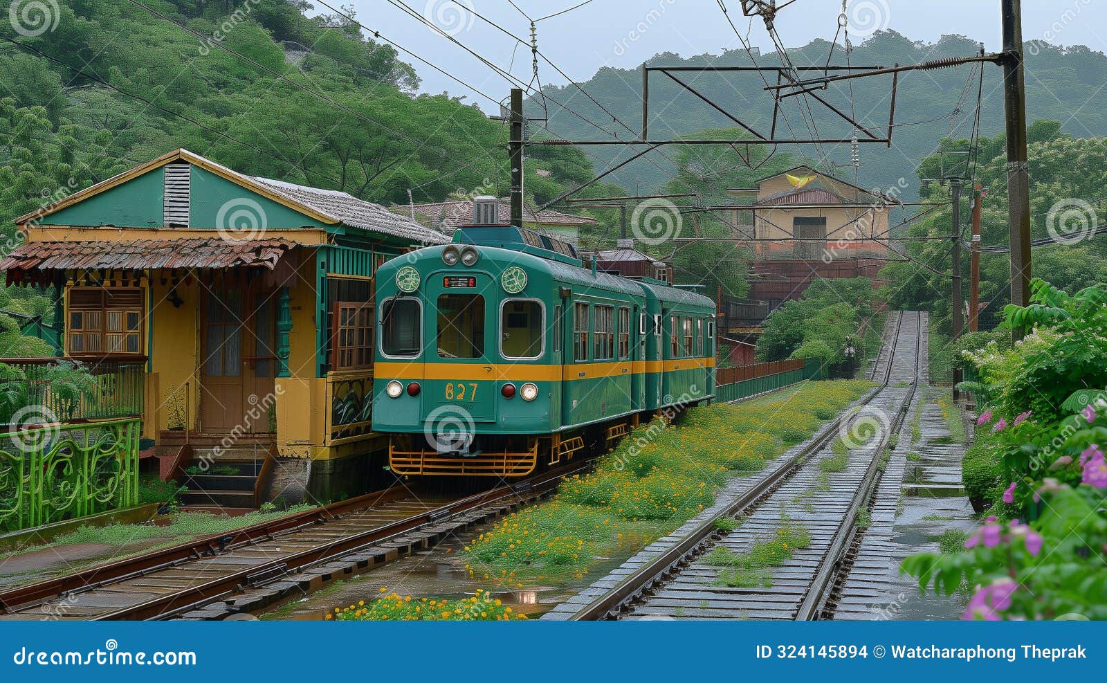 a green and yellow train travels on wet tracks past a colorful, rustic station surrounded by lush greenery image