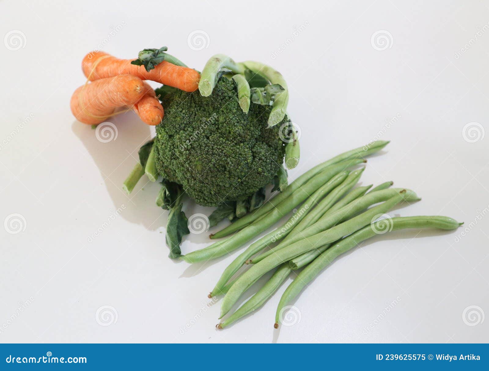 Greenbeans, Broccoli and Carrots Isolated on White Background Stock