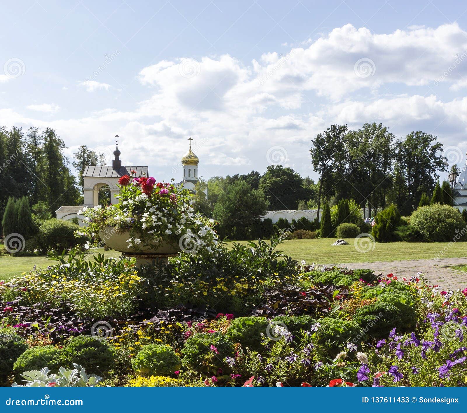 Greenery Floral Historical Monastery Garden with Colorful Spring Summer