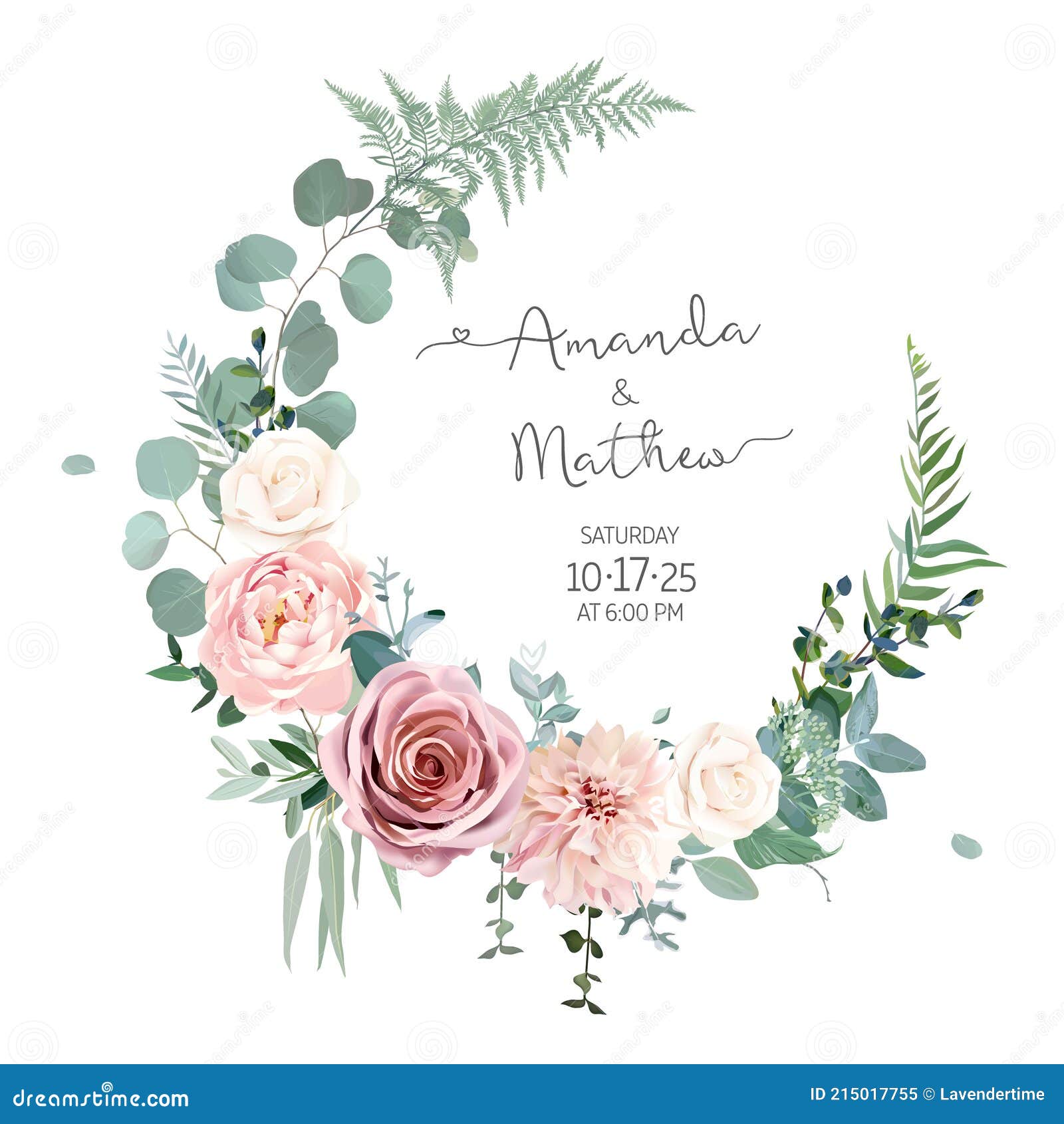 greenery, pink and white peony, rose flowers   round invitation frame