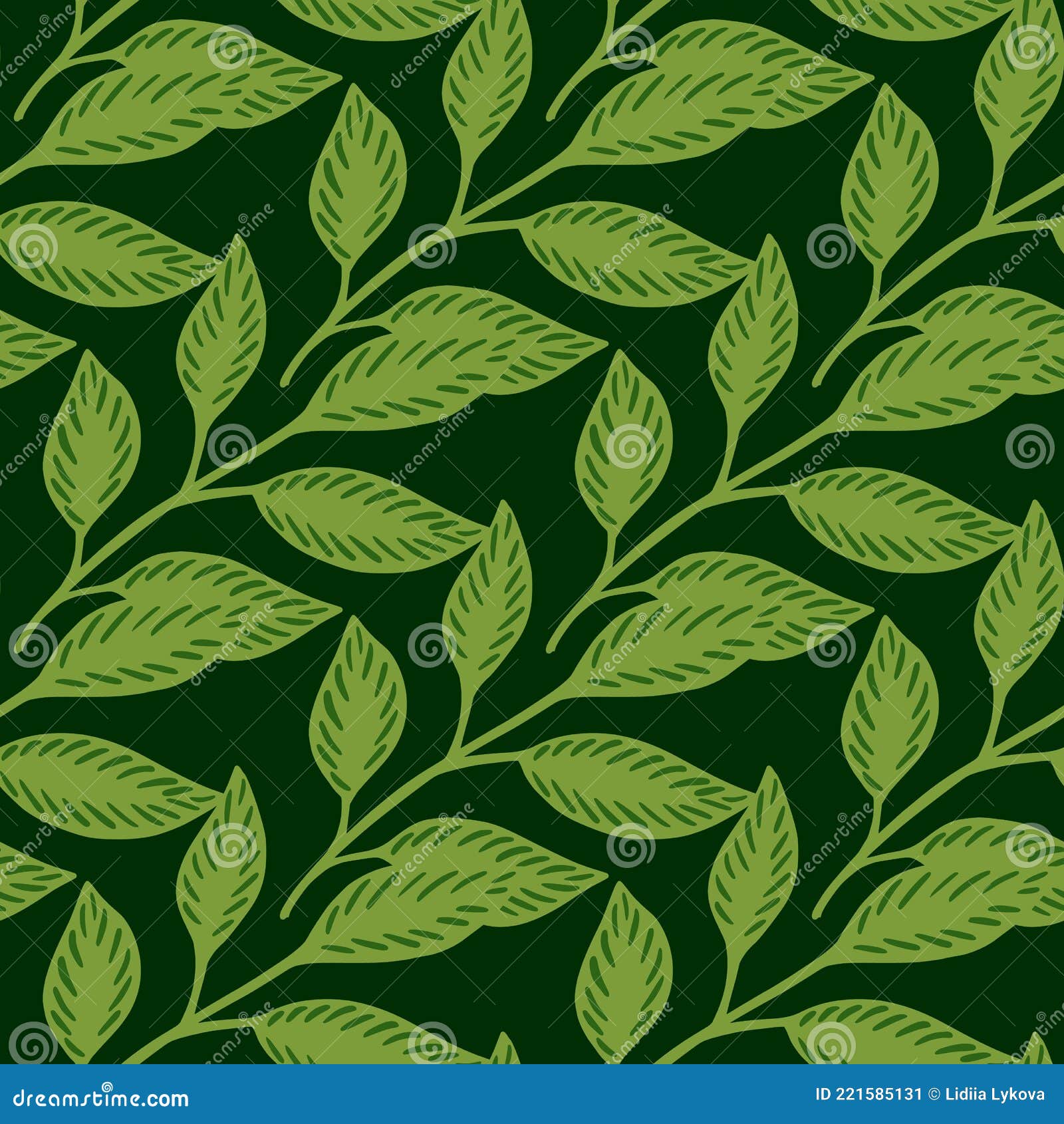 Greenery Seamless Pattern with Green Leaf Branches Elements. Dark