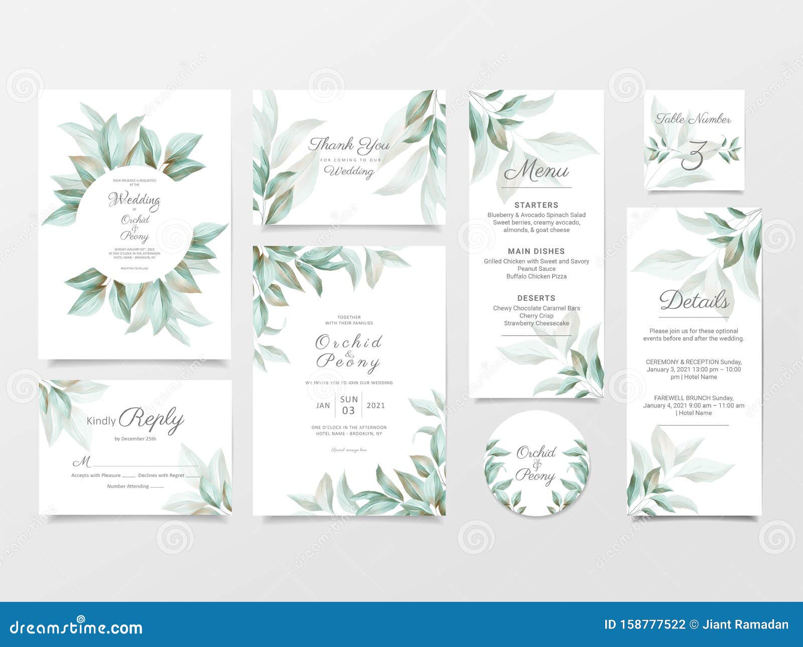 Greenery Wedding Invitation Card Template Suite. Elegant Watercolor Floral  Background Bundle, Invite, Save the Date, Thank You, Stock Vector -  Illustration of garden, celebration: 158777522