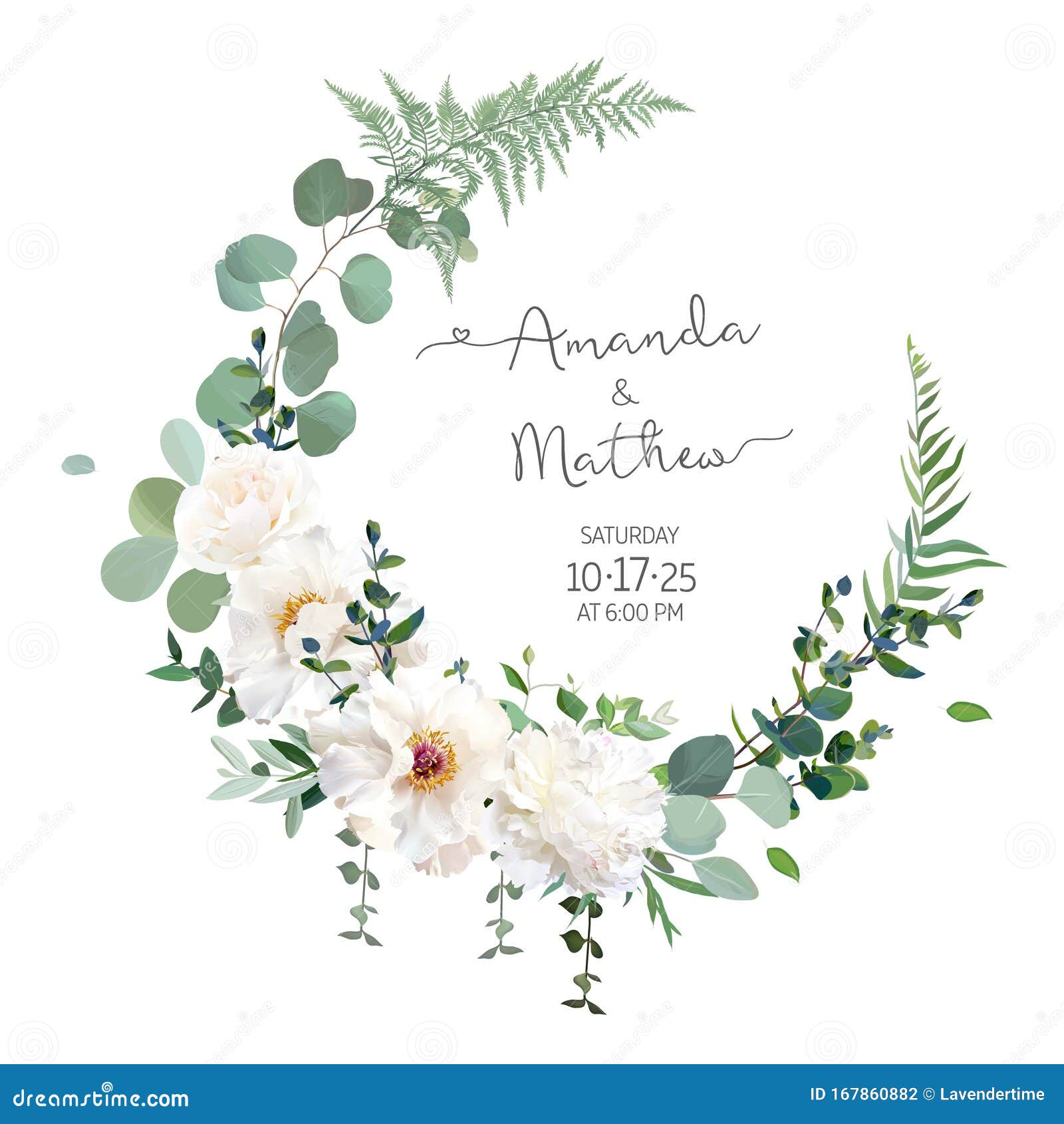 greenery and white peony, rose flowers   round invitation frame