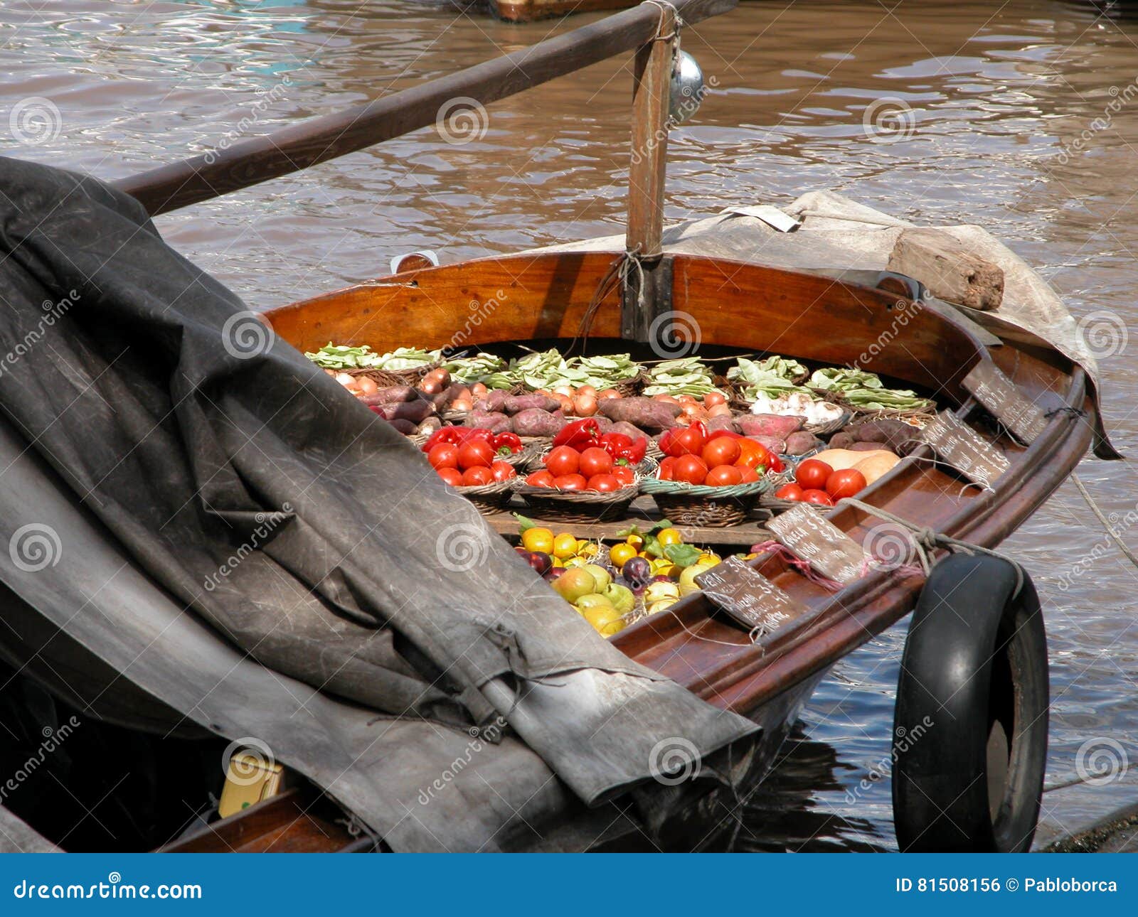 greengrocery on wooden floating boat, in tigre delta