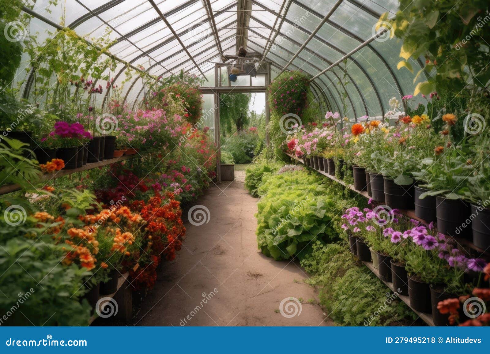 Greenhouse Filled with Greenery and Blooming Flowers Stock Photo
