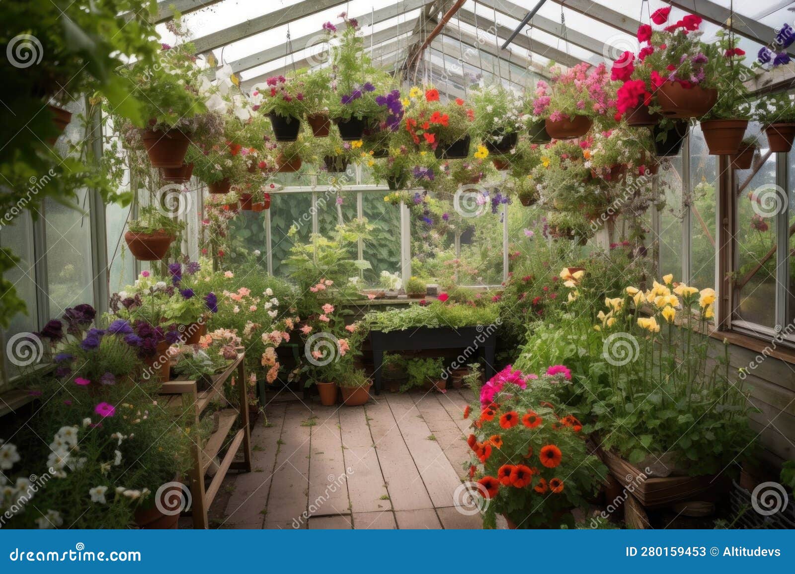 Greenhouse with Hanging Baskets of Blooming Flowers Stock Illustration