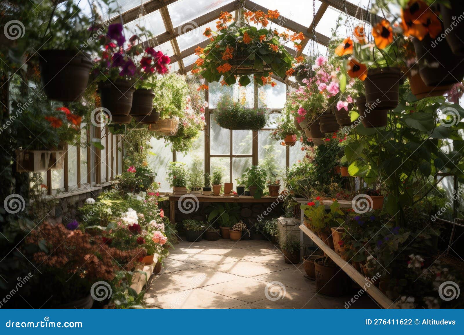 A Greenhouse with Hanging Baskets Overflowing with Plants Stock Photo