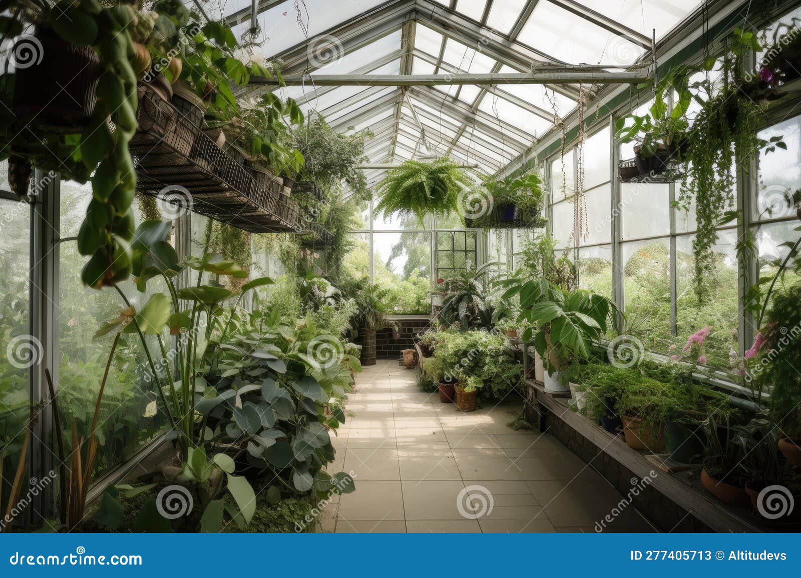 Greenhouse with Hanging Baskets and Trailing Plants, for Tranquil and