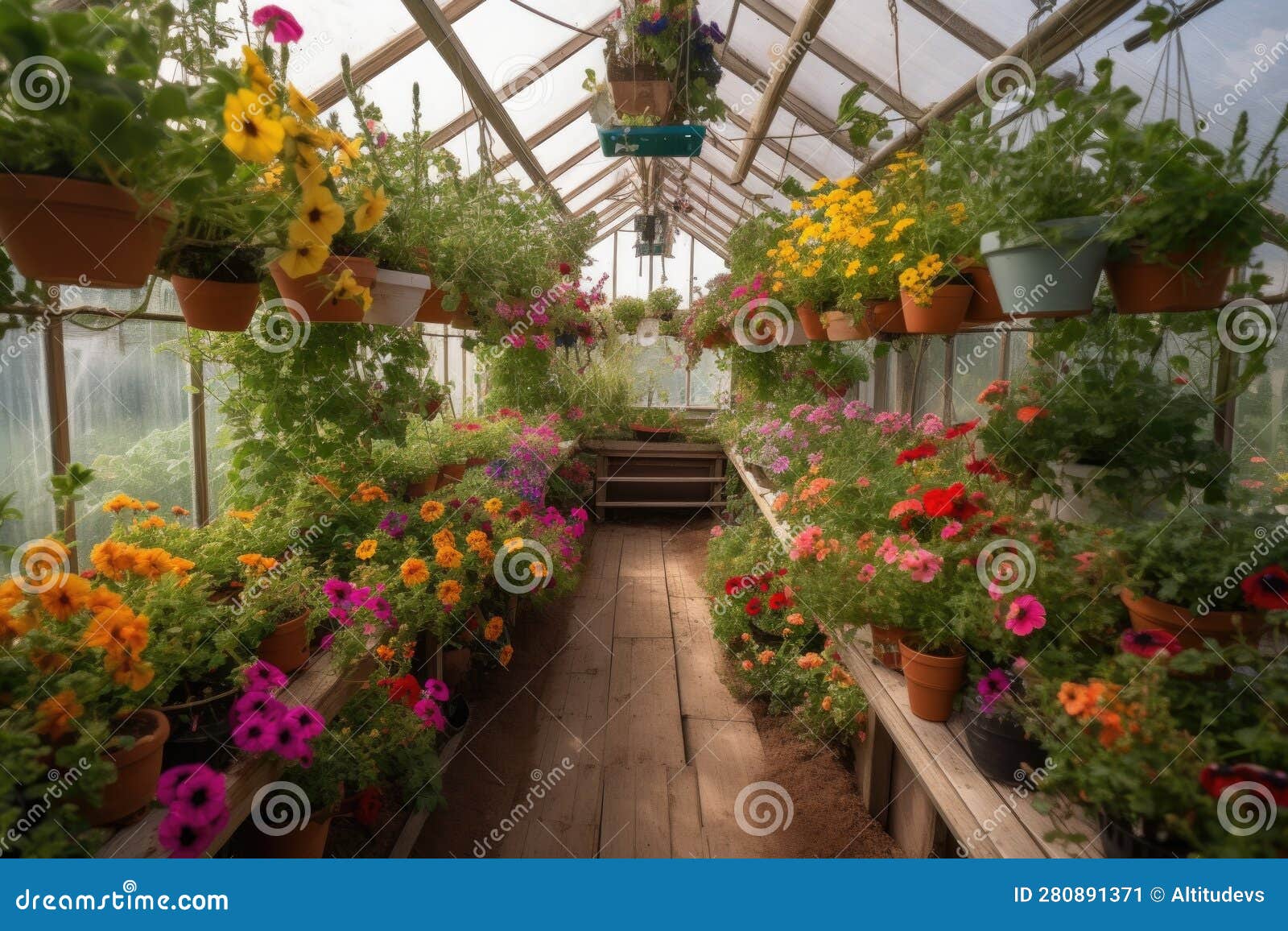 Greenhouse with Hanging Baskets of Vibrant Flowers Stock Illustration