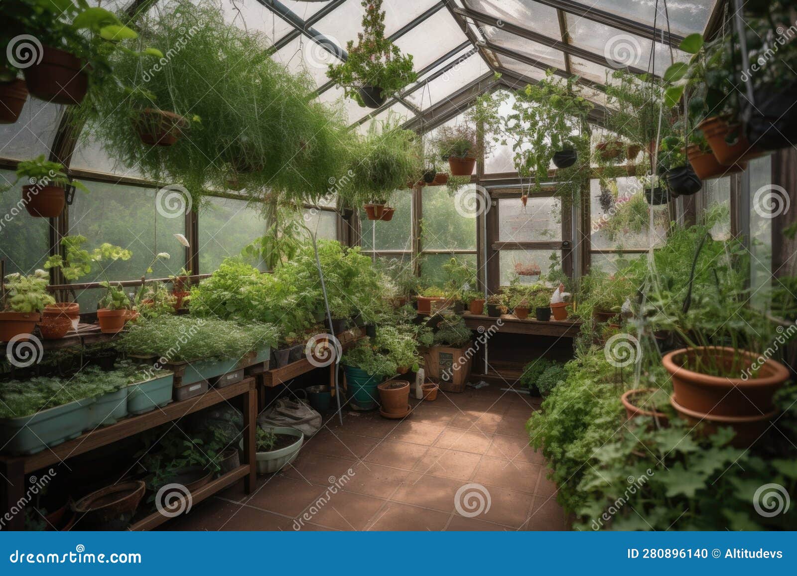 Greenhouse with Herbs and Spices Growing in Hanging Baskets Stock