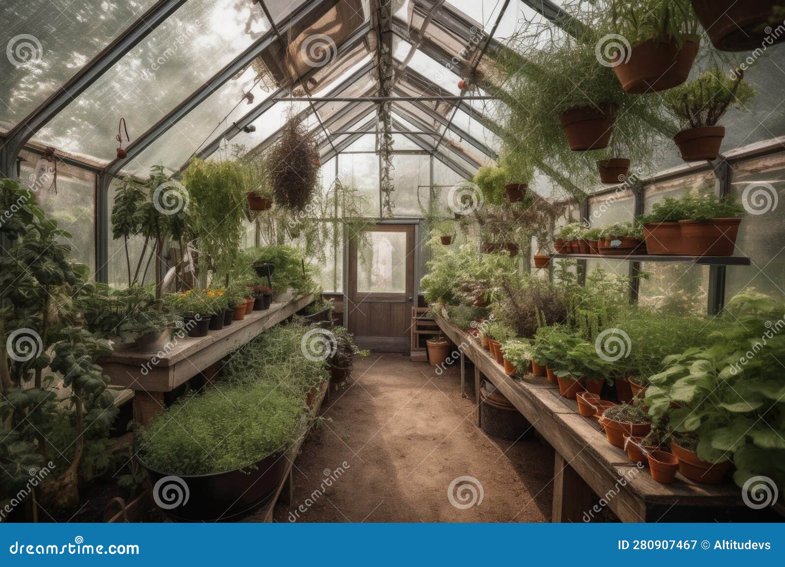 Greenhouse with Herbs and Spices Growing in Hanging Baskets Stock