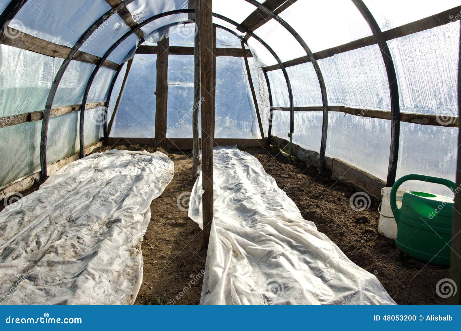 Greenhouse Hothouse in Early Spring after Vegetable Seeding Stock Photo