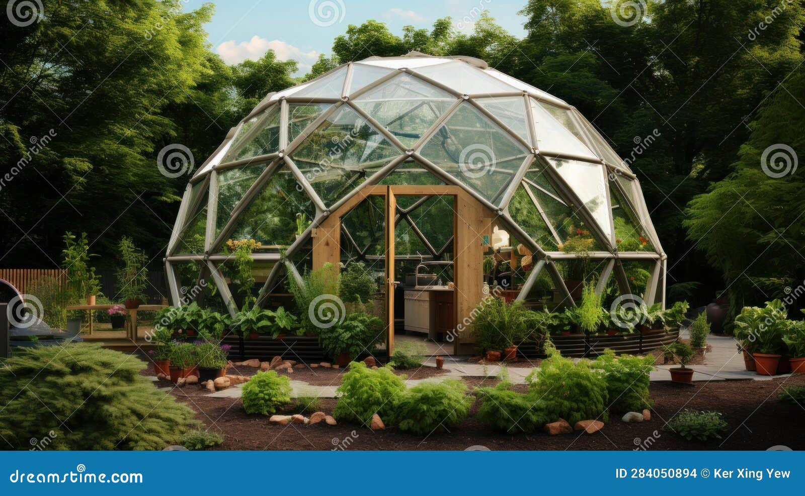 A Greenhouse with a Kitchen Inside of it Stock Illustration