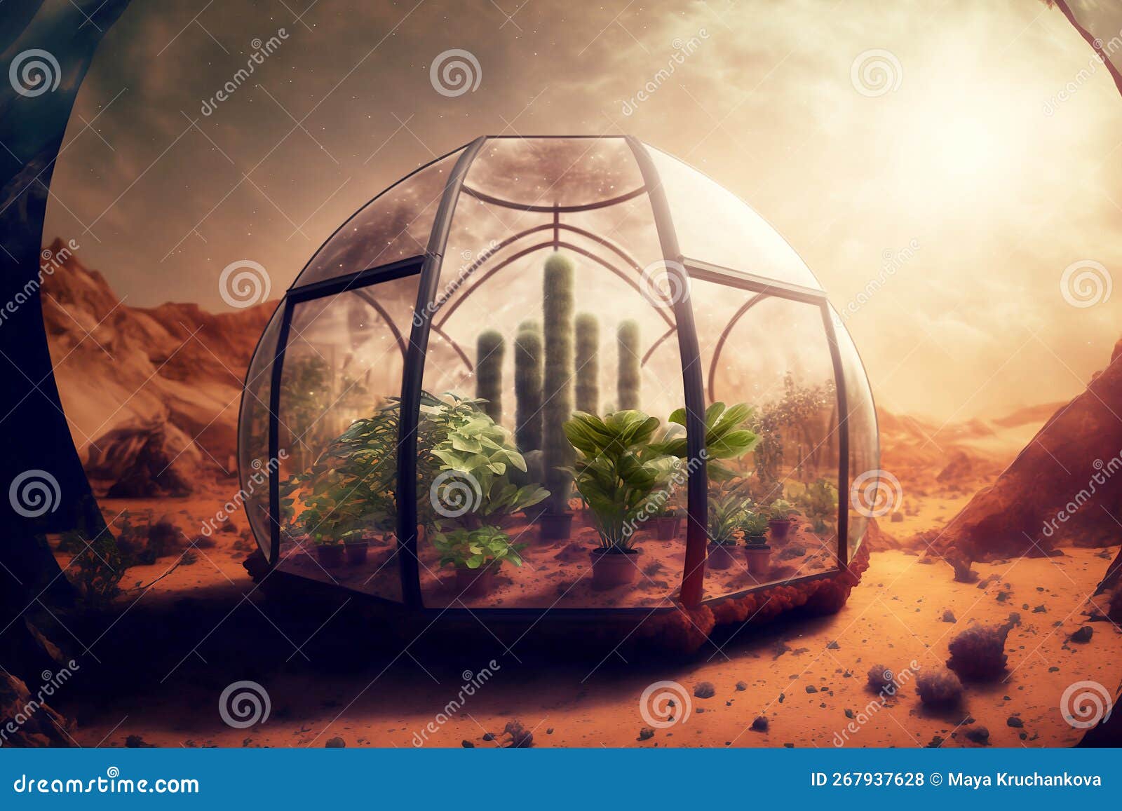 Greenhouse with Plants on Other in Desert Stock Illustration