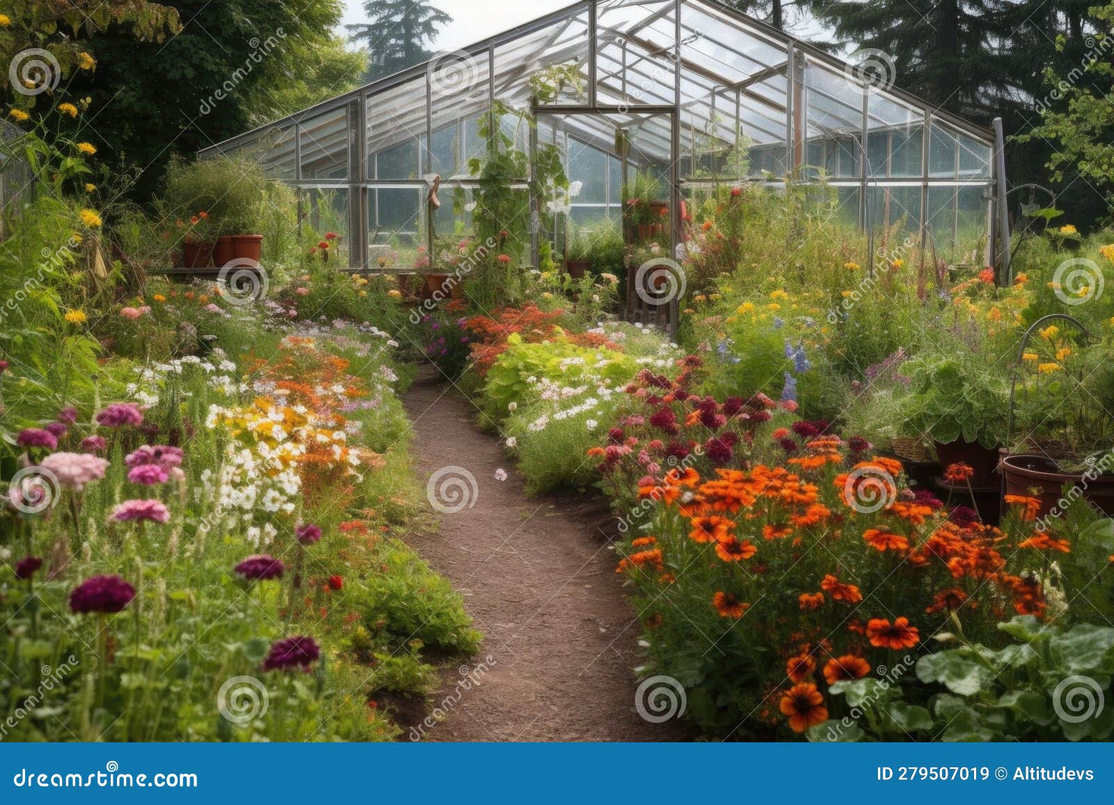 Greenhouse Surrounded by Blooming Flowers and Herbs Stock Illustration