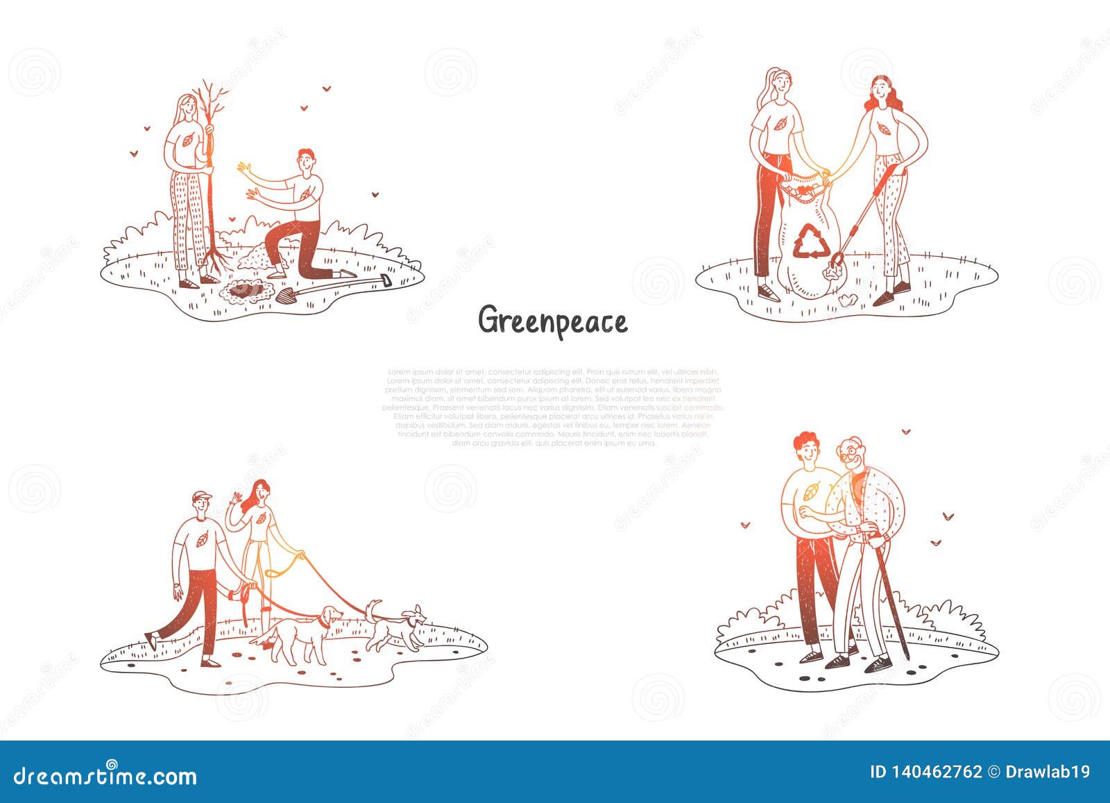 greenpeace - people collecting garbage, planting trees, helping elderly people, walking dogs  concept set