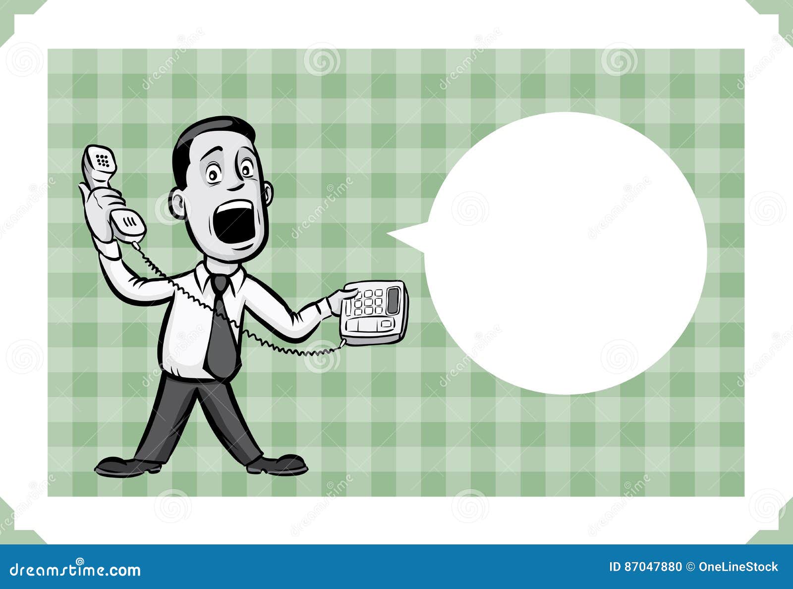 Greeting card with businessman answering a phone. Greeting card - sarcastic meme layered vector illustration. Personalize it with your own humorous message.