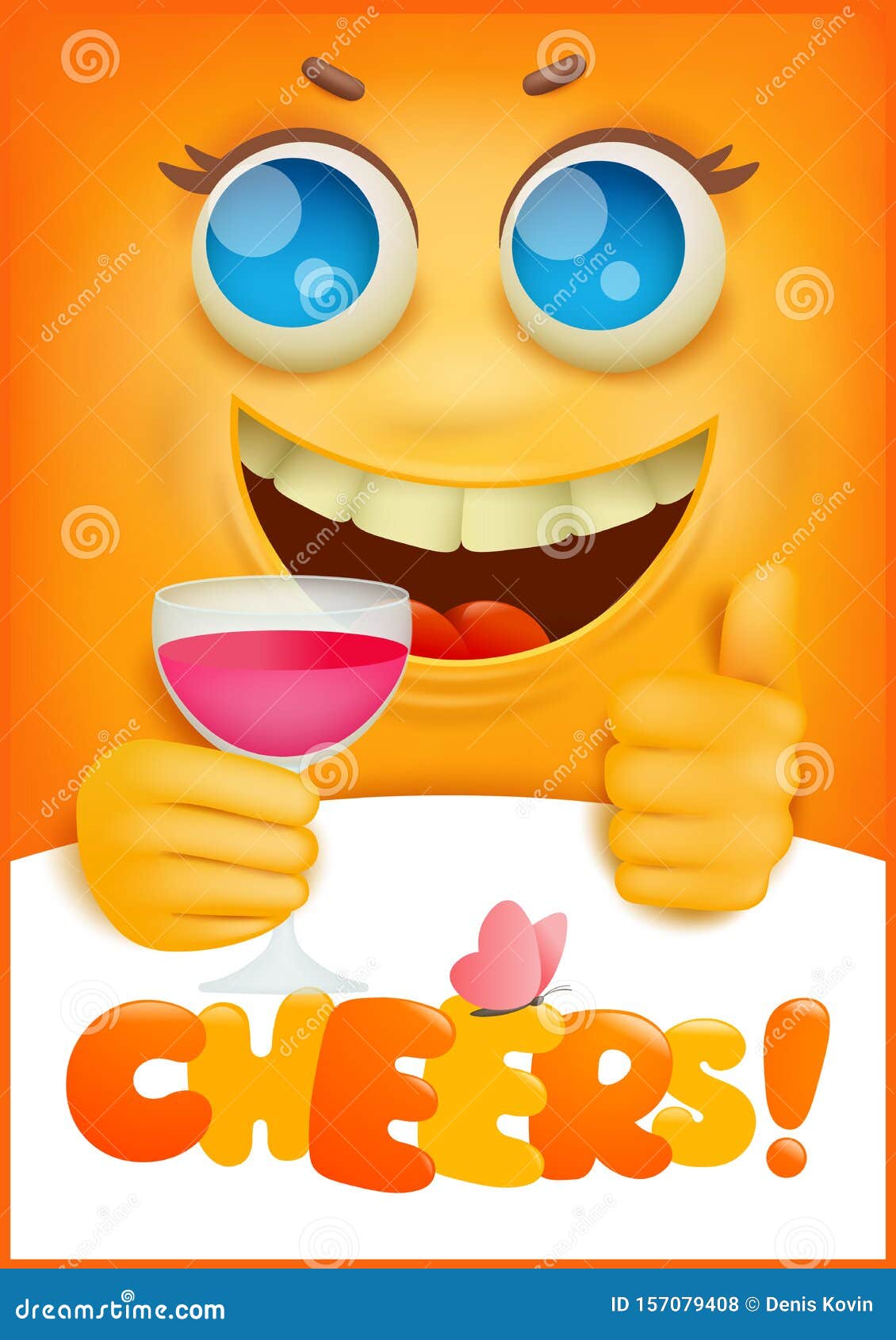 Cheers Emoticon Card With Yellow Emoji Cartoon Character Holding Glass ...