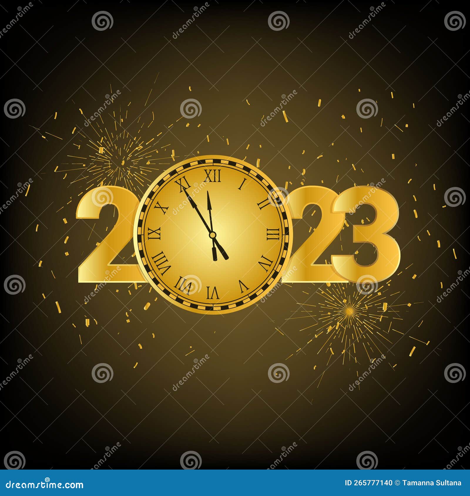 2023 greeting card . happy new year 2023 text with realistic festive fireworks explosions  on dark background. congr