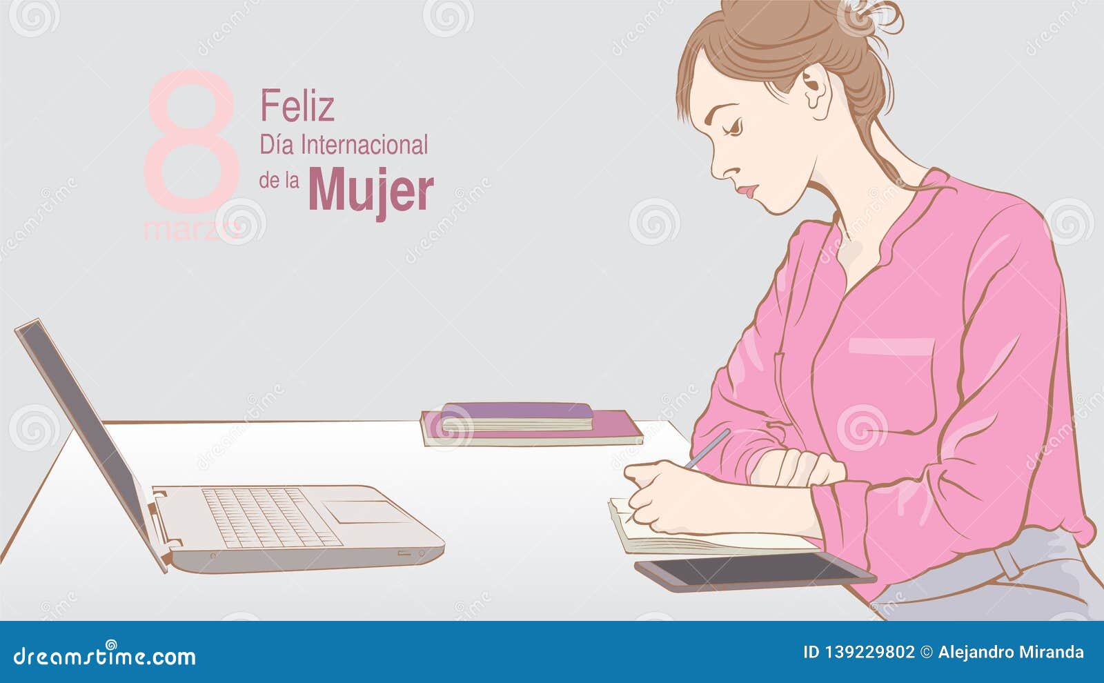 greeting card of dia international de la mujer - international women s day in spanish language. sketch of sitting female