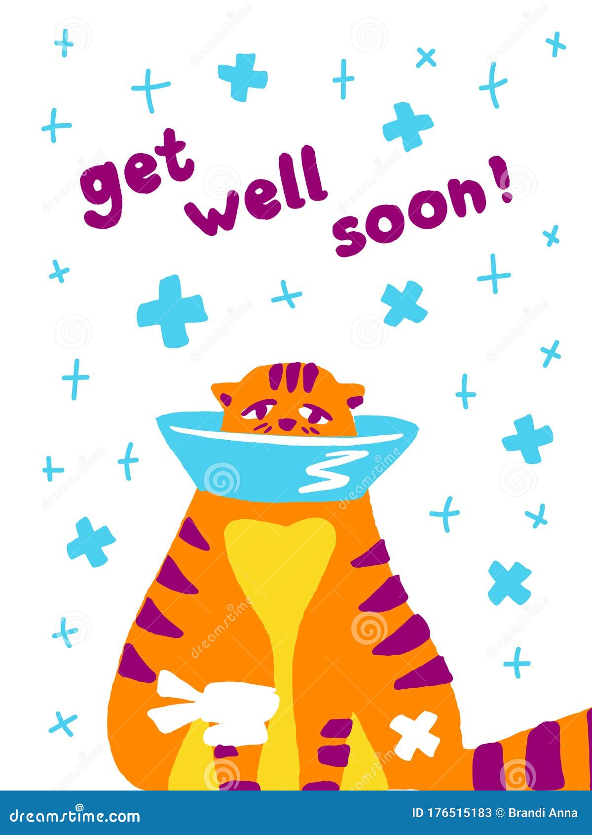 Greeting Card Get Well Soon with a Cute Sick Cat. Cartoon Funny