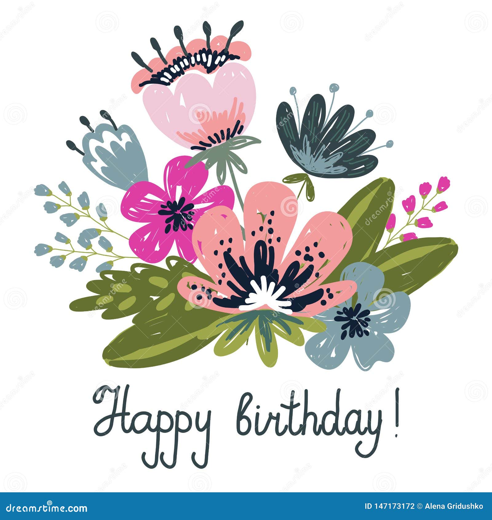 Greeting Card Happy Birthday. Hand Drawng Brush Picture . Flowers and ...