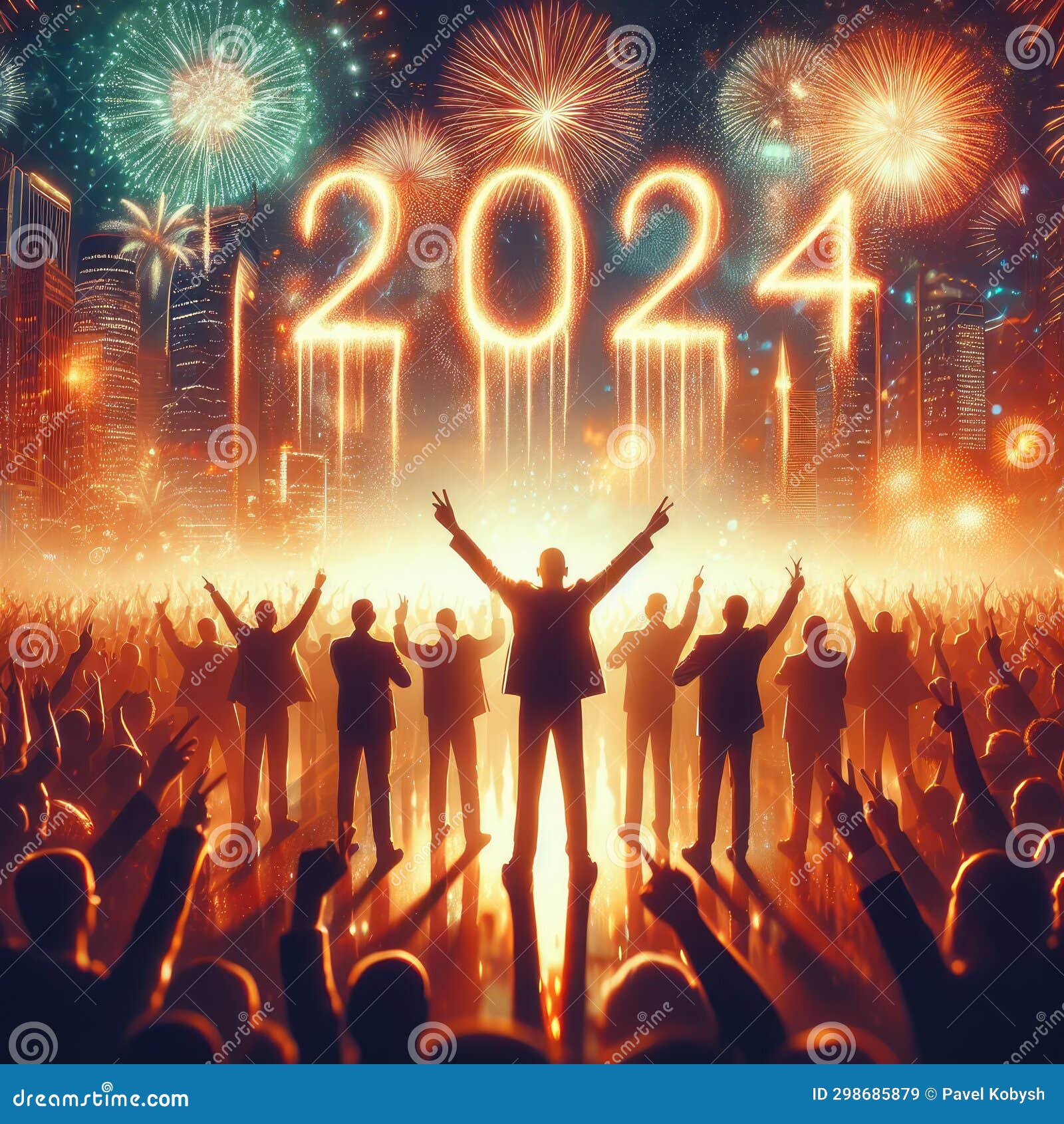 2024 Fireworks and People Celebrating on Background Stock Image Image