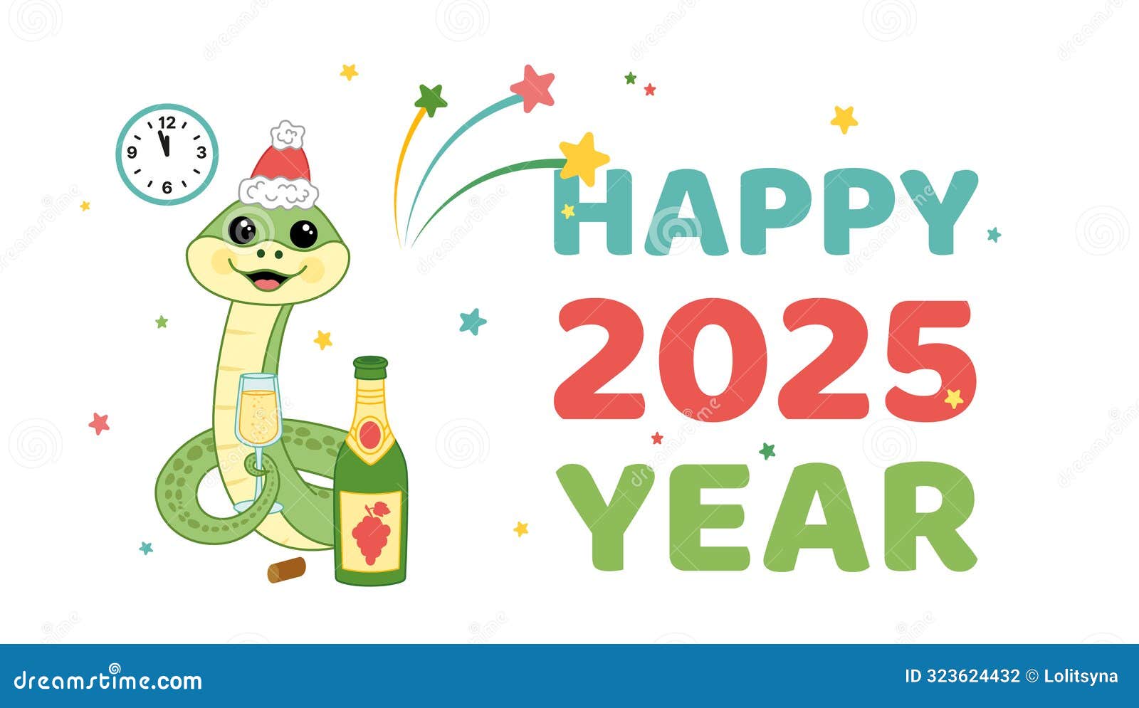 Greeting Card Happy New 2025 Year. Snake with Champagne in New Year Eve. Cartoon, Vector Stock