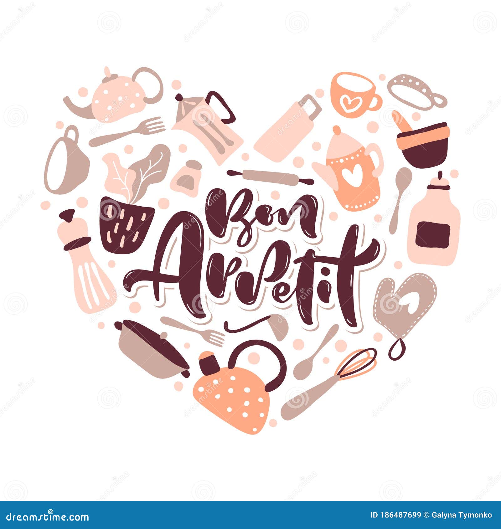 greeting card love with bon appetit lettering  text for food blog kitchen in the  of a heart. cute quote