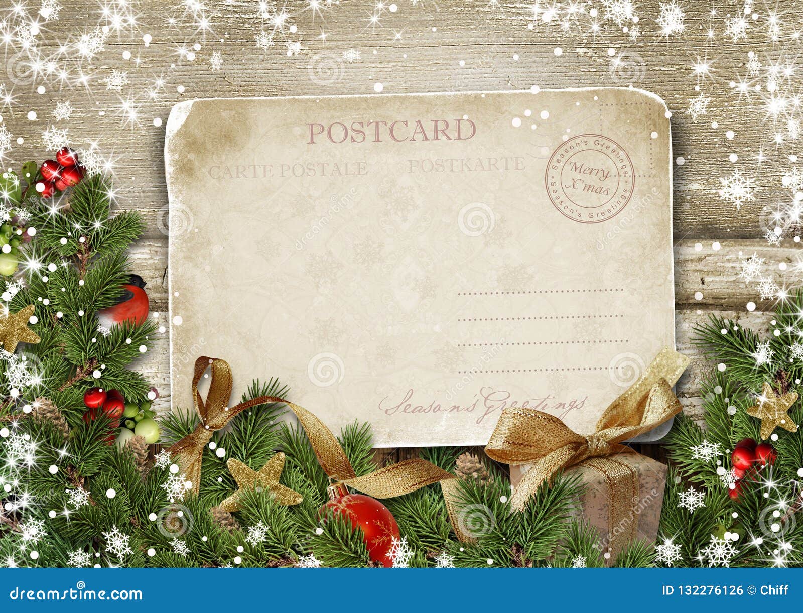 greeting card merry christmas with decorations and vintage postc