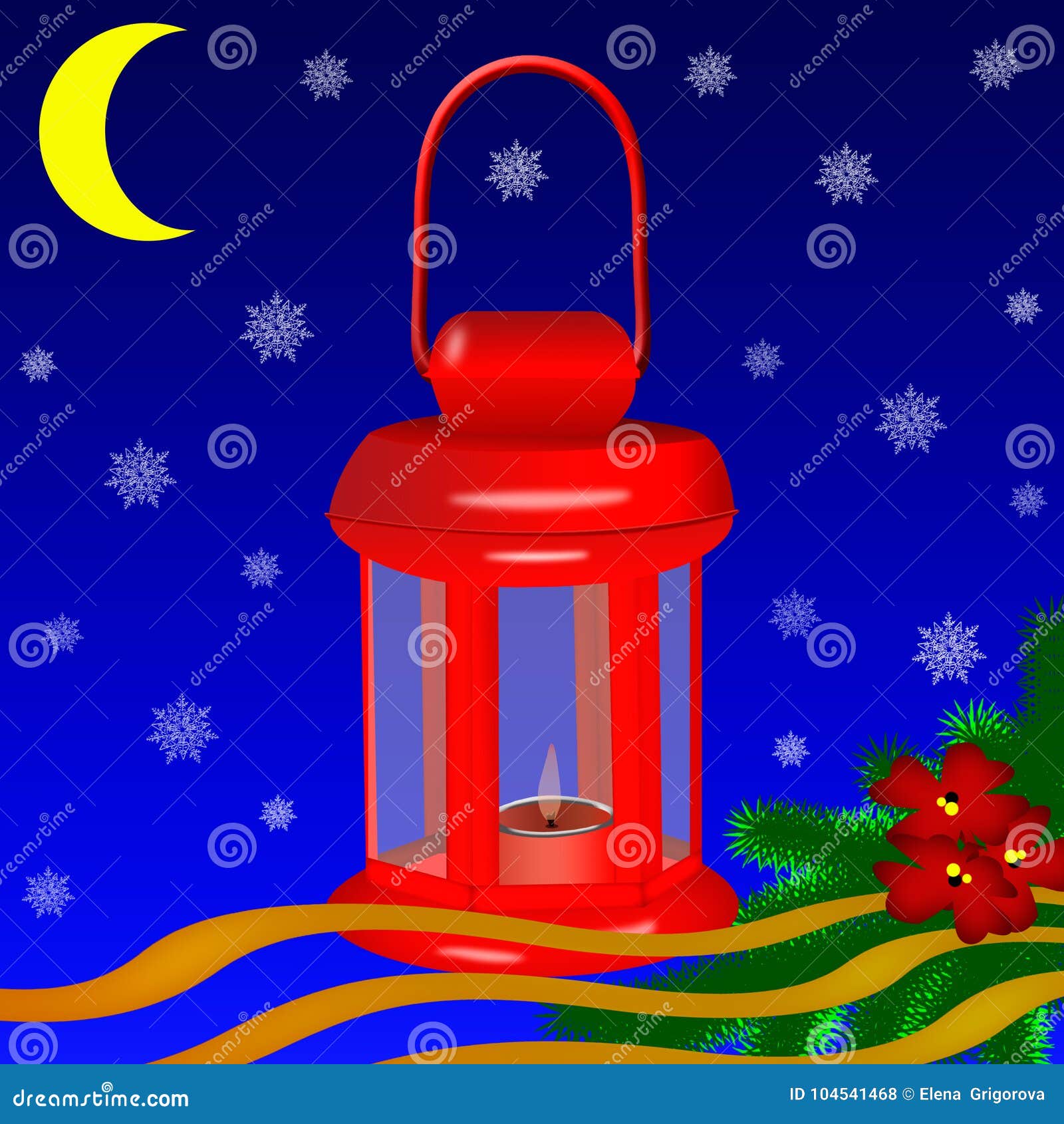 Greeting Card . Red Christmas Lantern with Burning Candle Stock ...