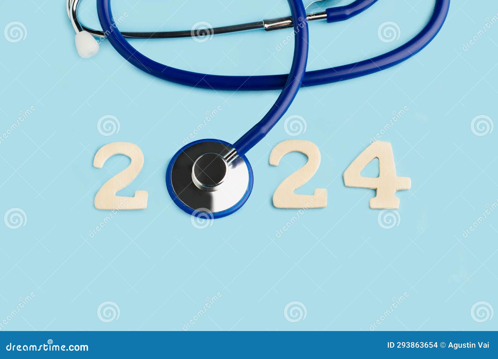 2024 greeting card with an stethoscope in the  of cero on a blue background