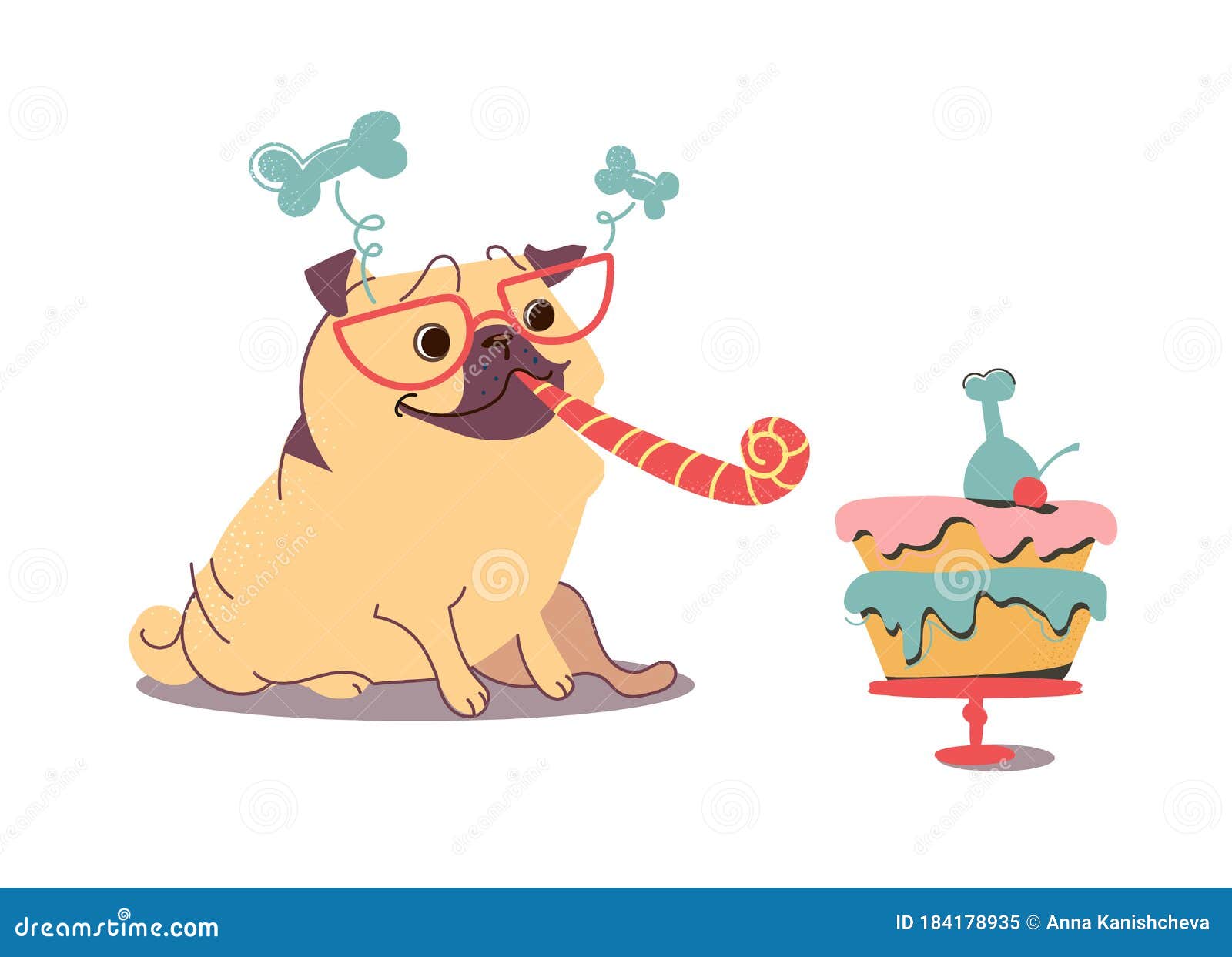 Greeting Cards with a Cute Cartoon Pug, Next To the Dog Cake with Chicken  Leg. the Dog Has a Birthday Stock Vector - Illustration of gift, candle:  184178935