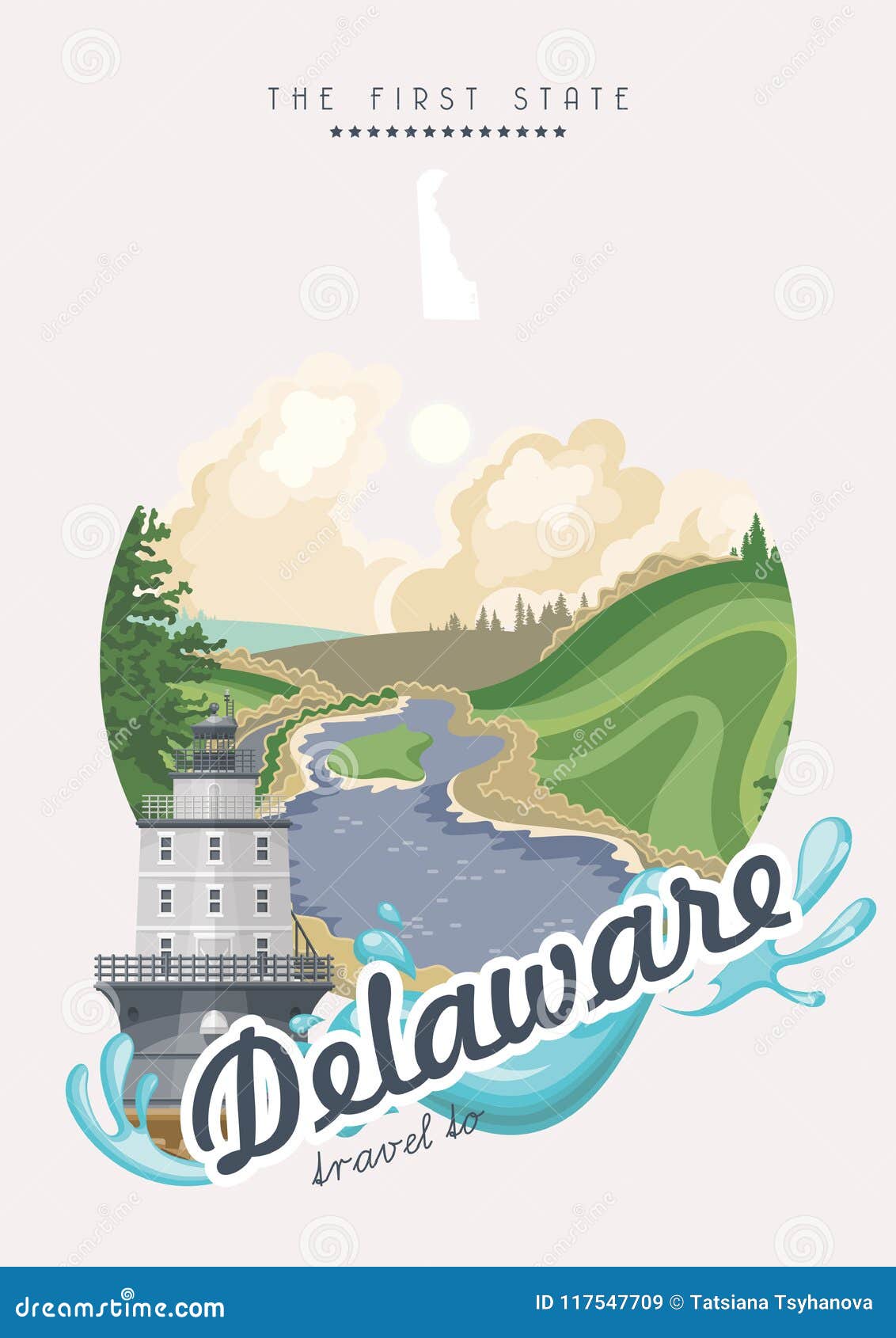 greeting from delaware  background with colorful detailed landscapes. the first state