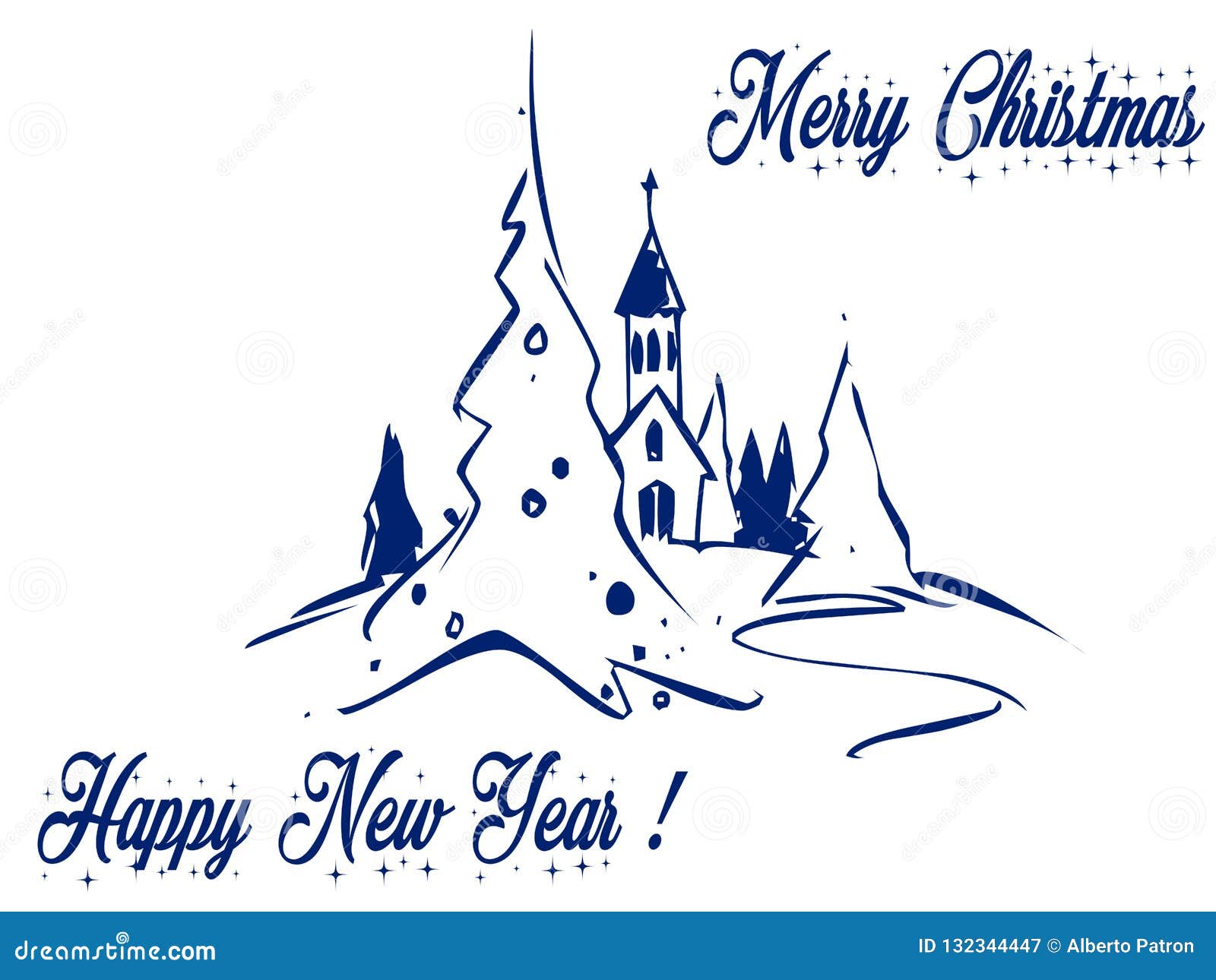 Buon Natale Happy New Year.Greetings Christmas Church In The Mountain Love And Peace With Gifts Stock Illustration Illustration Of Church Feast 132344447