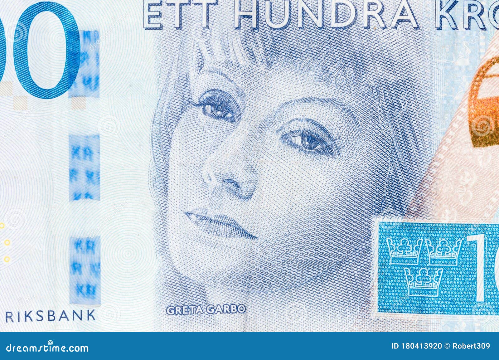greta garbo portrait on swedish krona banknote