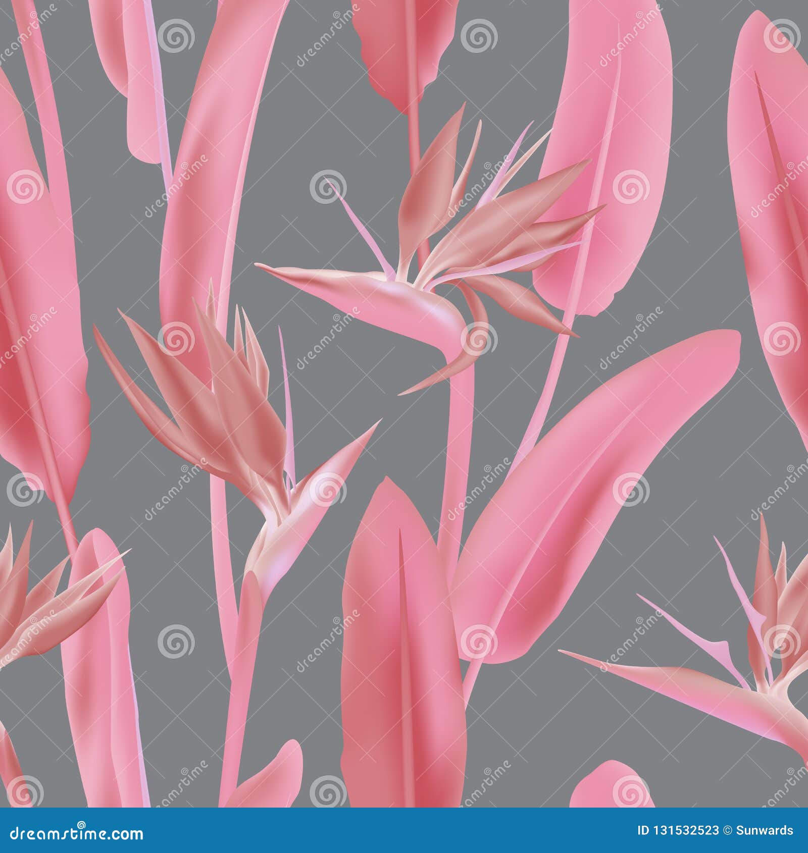 Grey Background, Pink Leaves and Blossom Ornament Textile. South Stock
