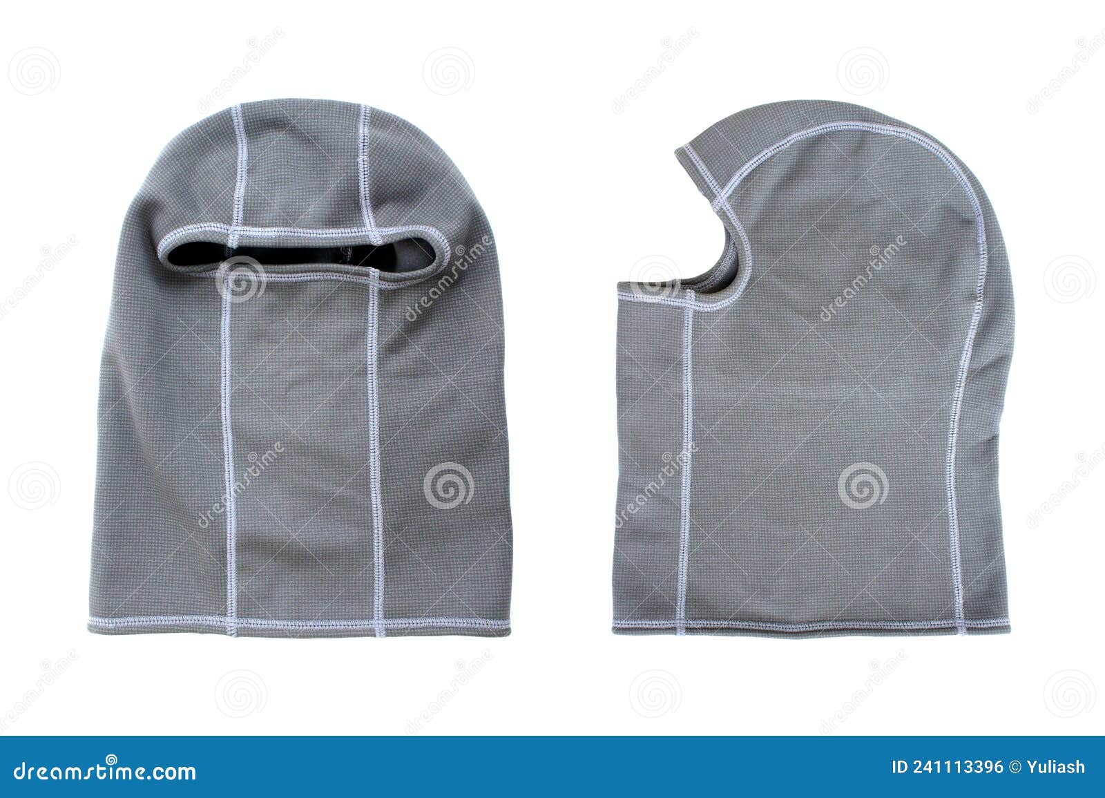 grey balaclavas  on white background. front and side view. winter sport mockup. full face mask.