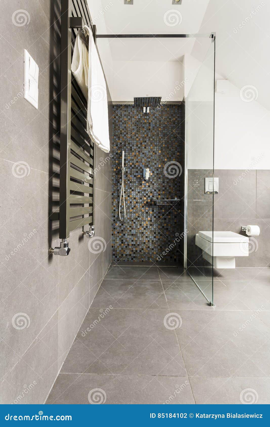 Grey Bathroom With Shiny Tiles Stock Photo Image Of Light Paper