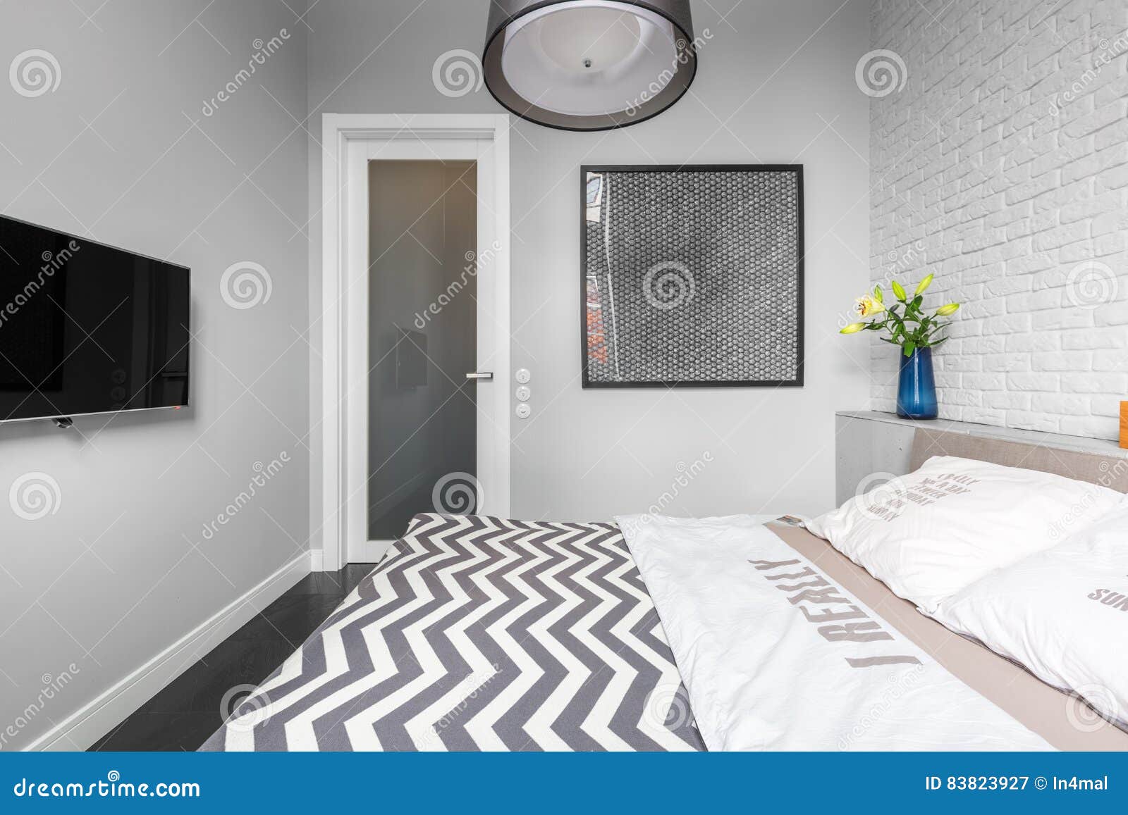 Grey bedroom with tv stock image. Image of contemporary 83823927