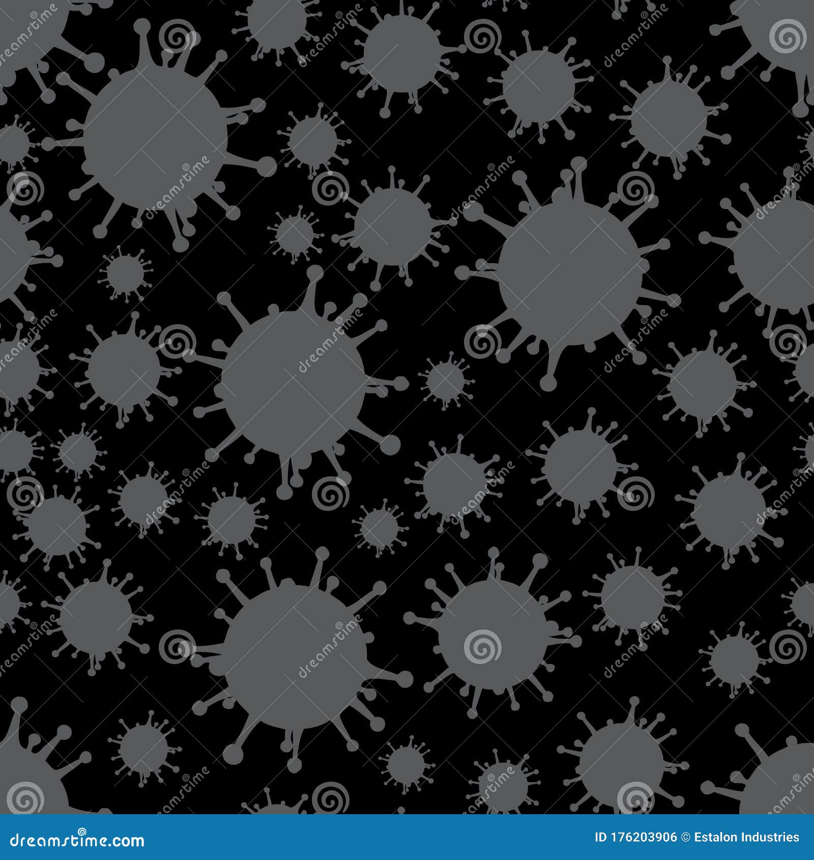 Grey on Black Virus Pattern Seamless Repeat Background Stock