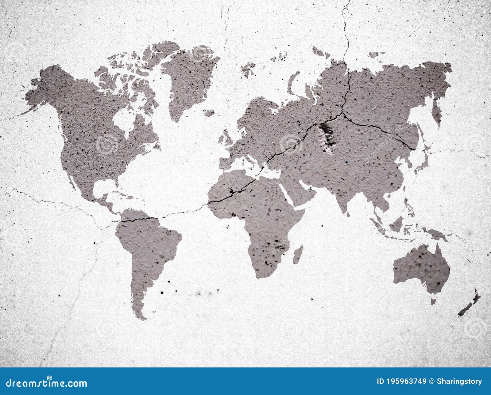 Grey Color World Map On Crack Concrete Wall Background Stock Image