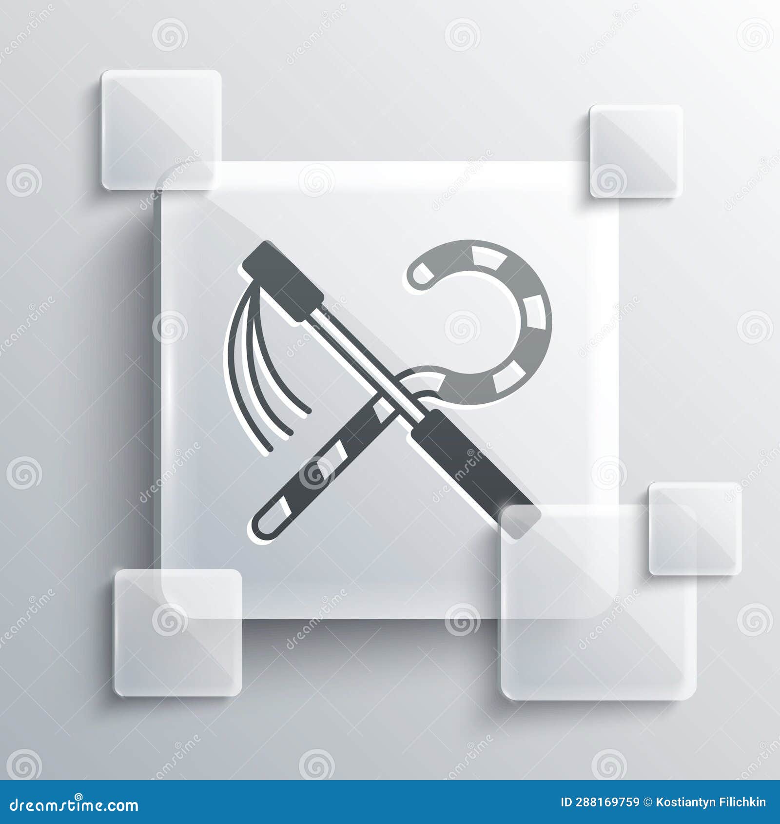 grey crook and flail icon  on grey background. ancient egypt . scepters of egypt. square glass panels