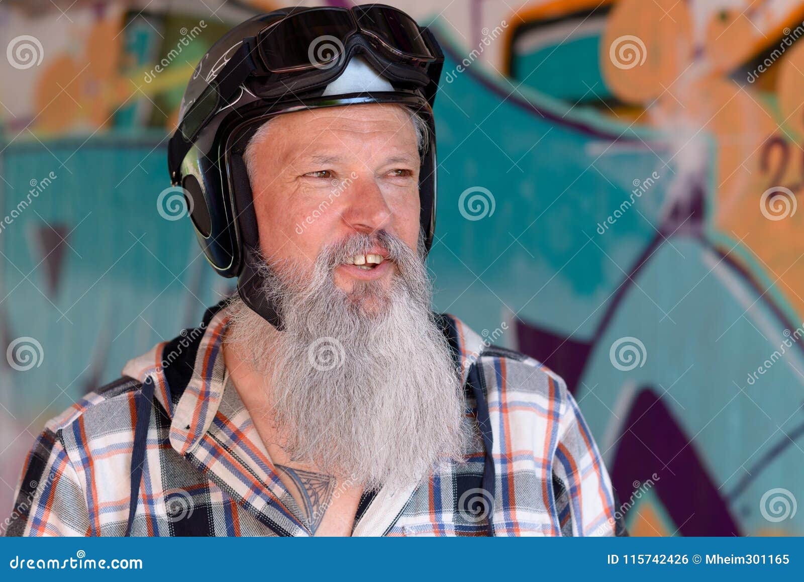 Grey-haired Bearded Biker in a Retro Helmet Stock Photo - Image of ...